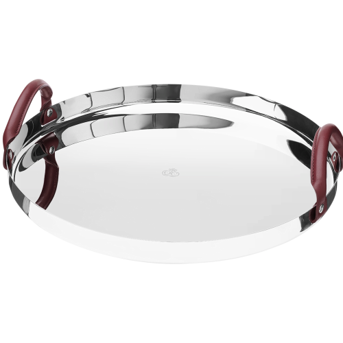 christofle Plateau rond en acier poli miroir et anses en cuir - 40 cm