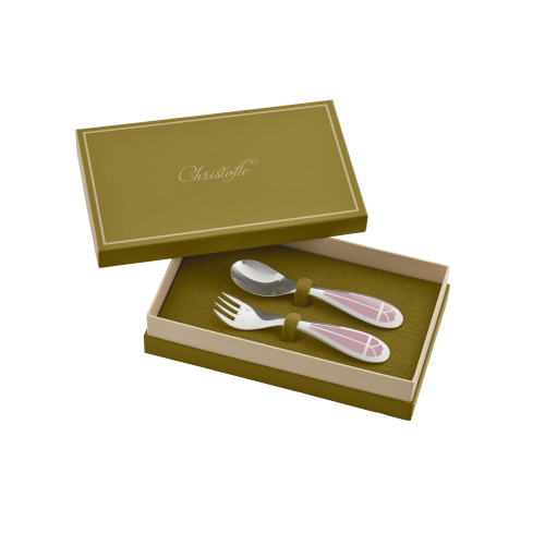 christofle set cuillère et fourchette naissance en métal argenté - rose quartz 0