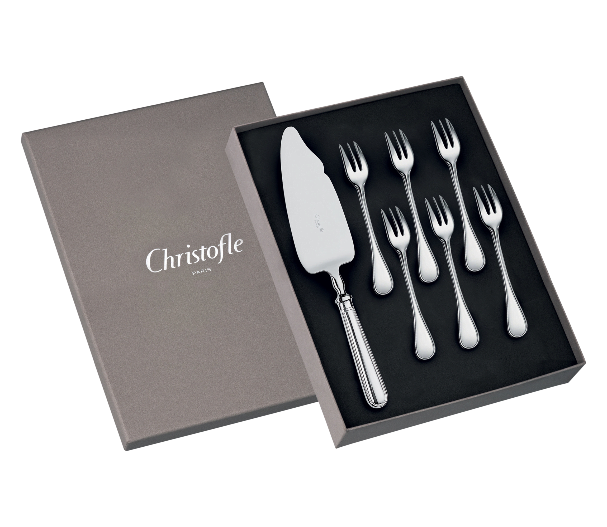 christofle Coffret 6 fourchettes à gâteaux et 1 pelle coupante en métal argenté