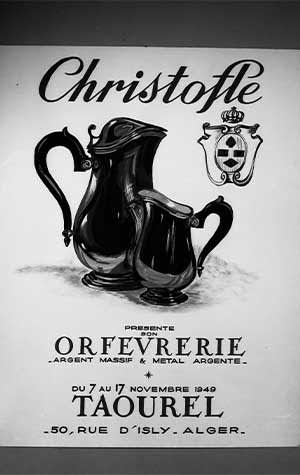 Publicité pour le magasin Christofle d’Oran, Algérie, vers 1950 