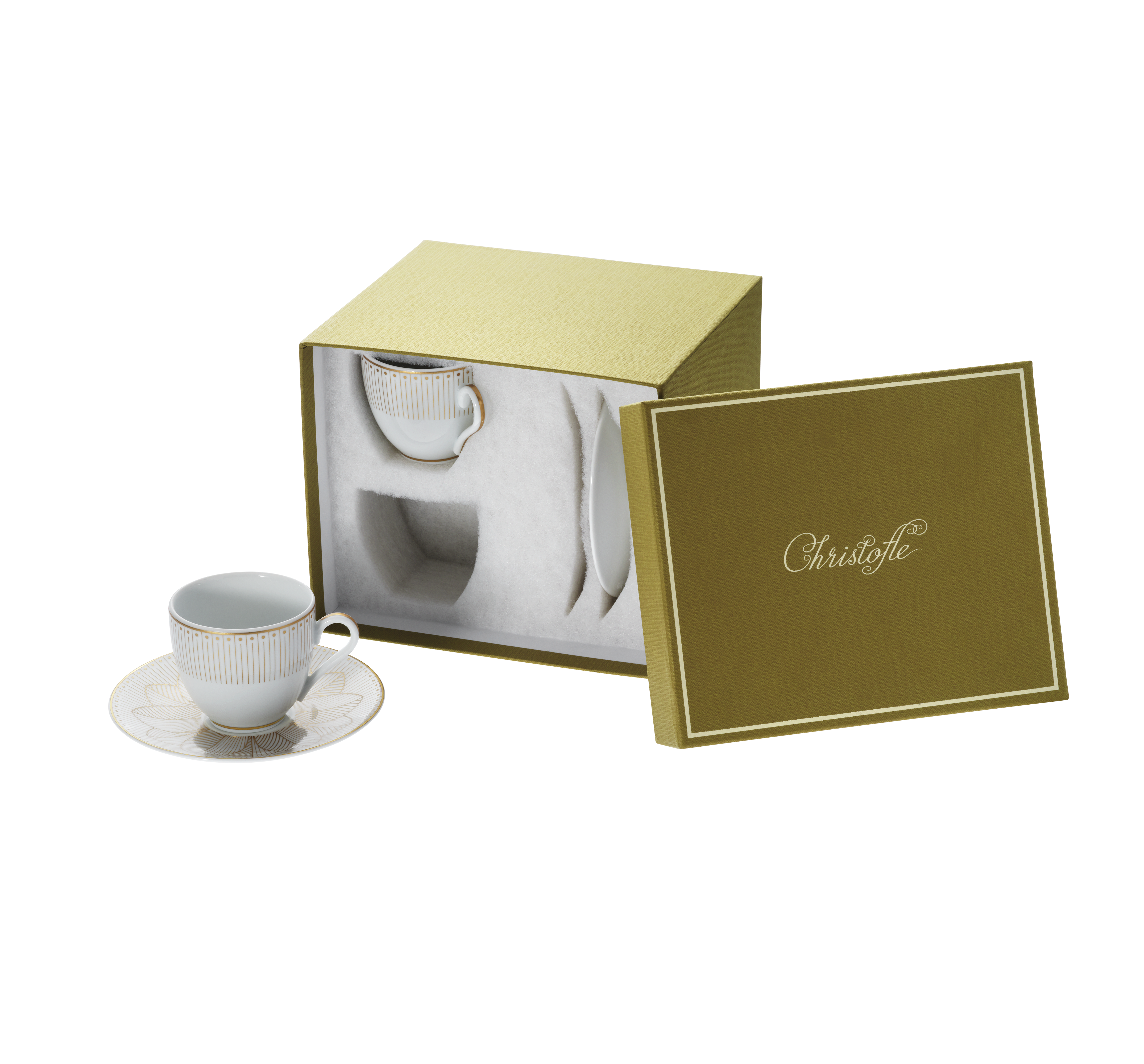 christofle ensemble de 2 tasses à café et soucoupes en porcelaine finition or 1
