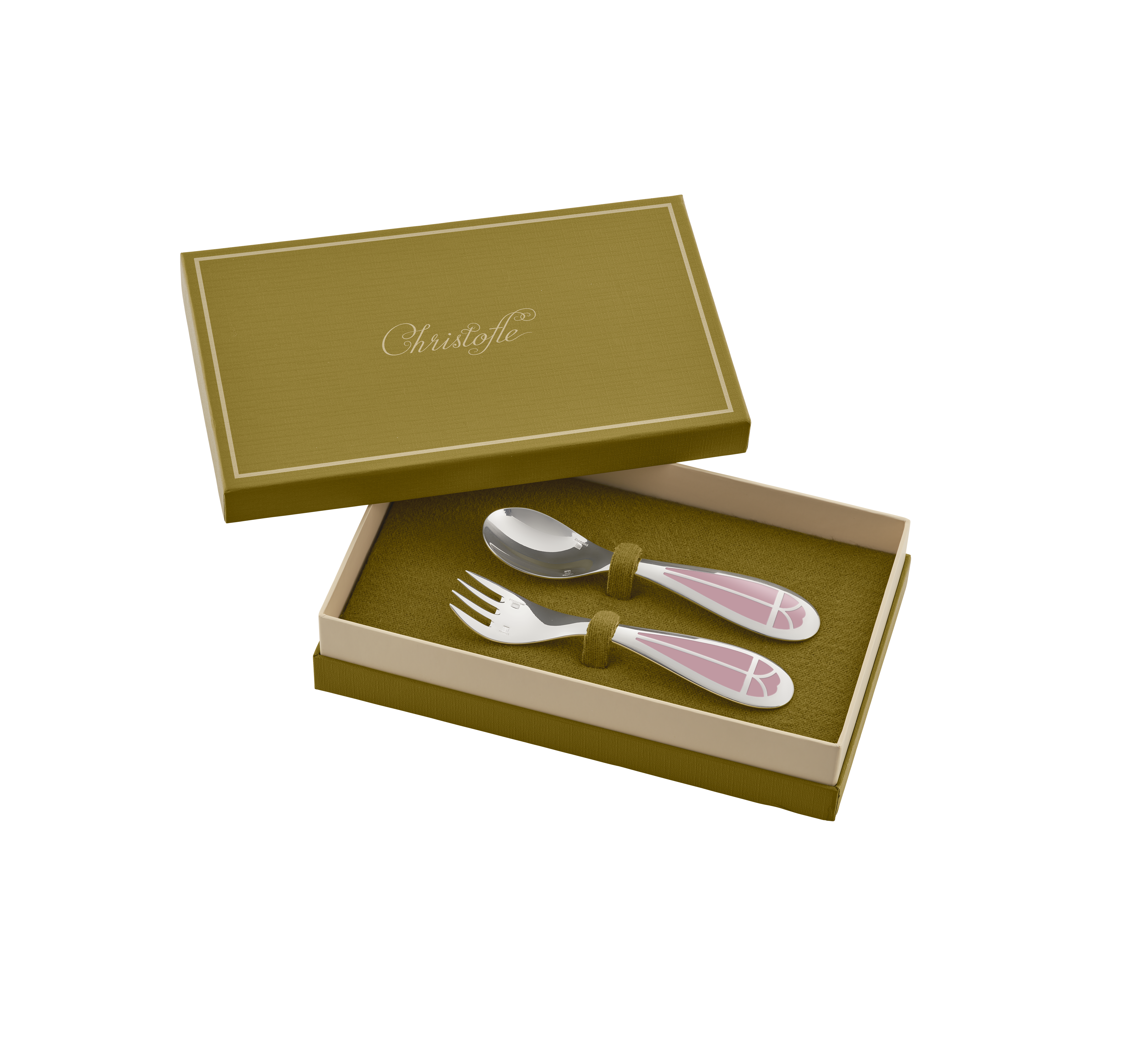 christofle set cuillère et fourchette naissance en métal argenté - rose quartz 0