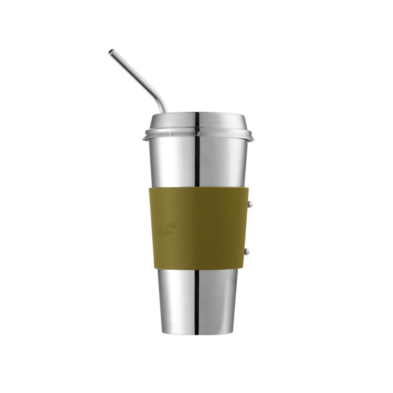 Stainless Steel Coffee Cup with Imperial Green Leather Grip Objets Miroir