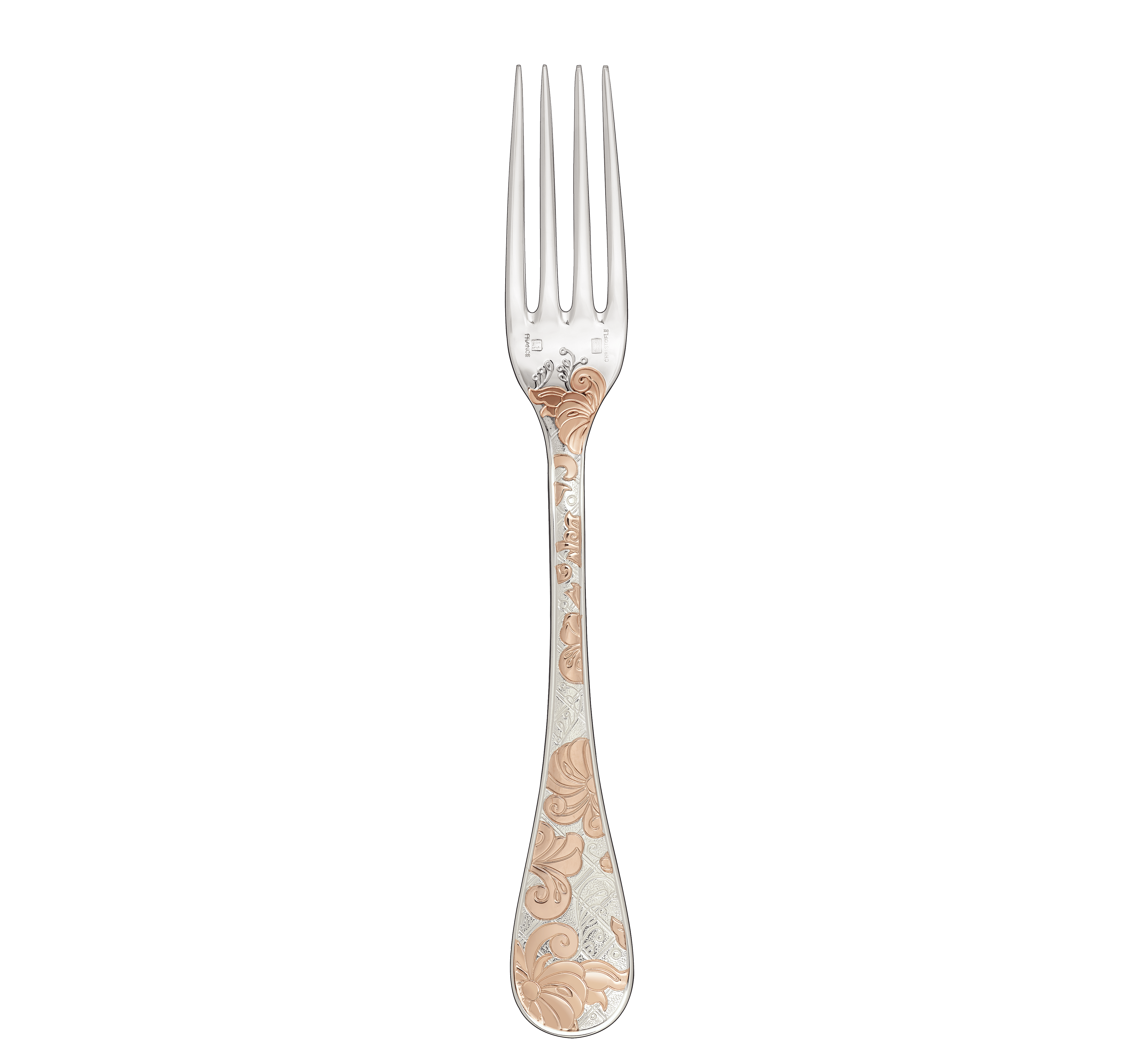 christofle fourchette de table en métal argenté - dorure partielle or rose 1