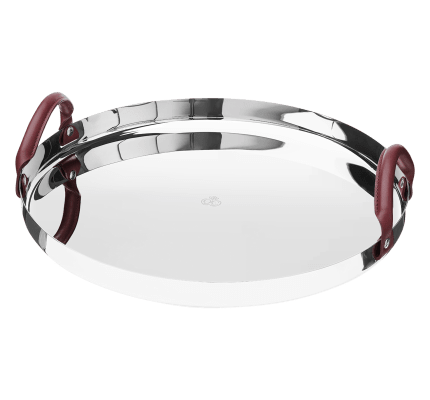 christofle plateau rond en acier poli miroir et anses en cuir - 40 cm 1