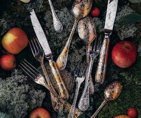 Partially Gilded Silver Plated Flatware